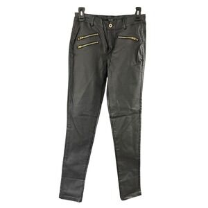 SPYM Womens Black Faux Leather Coated Skinny Pants Gold Zipper Detail Size 36